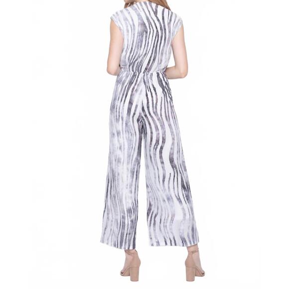 NEW PICADILLY stripe jacquard tie-front jumpsuit in grey/white - Picture 2 of 3